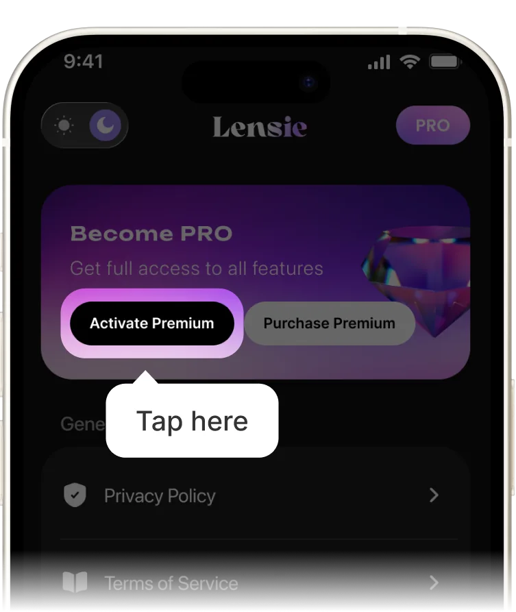 The Become PRO card in Settings with the Activate Premium button highlighted